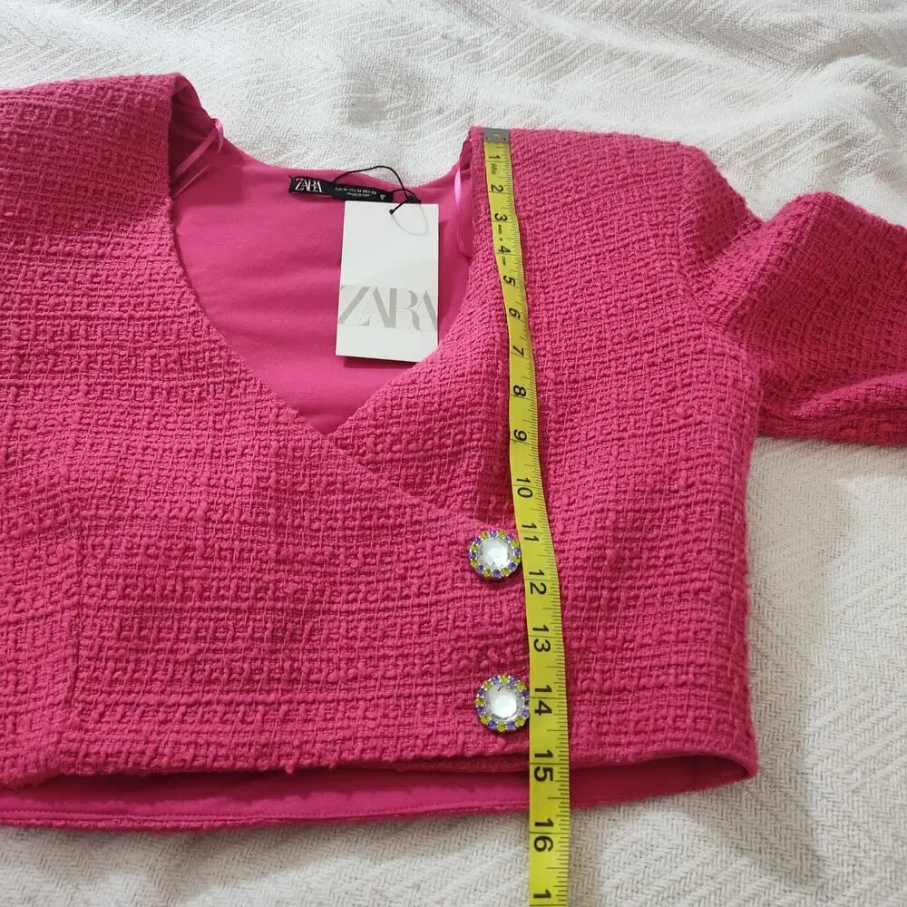 Zara Blouse Womens Medium Pink Cropped V Neck Rhinestone Button Long Sleeve NWT